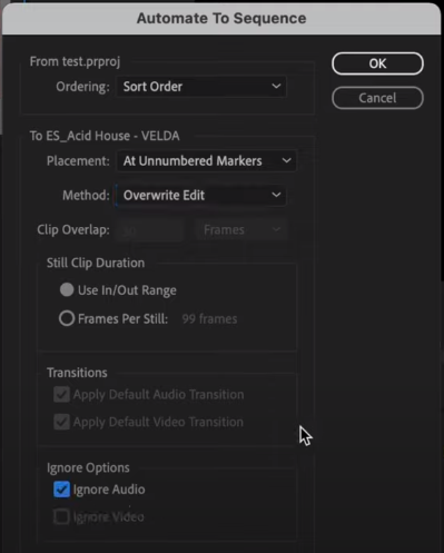 Automate to Sequence, Premiere. Sync video 